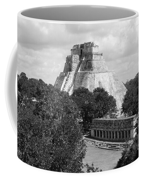 Uxmal Coffee Mug featuring the photograph Pyramid of the Magician and Columns Group Structure at Uxmal Mexico Black and White by Shawn O'Brien