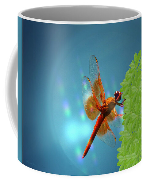 Another Version Of My Transparent Red Dragonfly; I Added The Umbrella Plant Leaves To Cover The Antenna And Added Some Lighting Effects Coffee Mug featuring the digital art Red Dragonfly On Umbrella Plant by Joyce Dickens