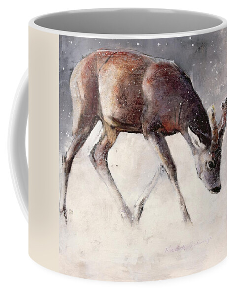 Deer; Horn; Horns; Horned; Snow; Snowing; Snowy; Mammal; Wild; Animal; Winter; Winter Time Coffee Mug featuring the painting Roe Buck - Winter by Mark Adlington 