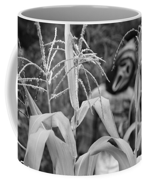 Corn Coffee Mug featuring the photograph Scarecrow in the Corn Black and White by James BO Insogna