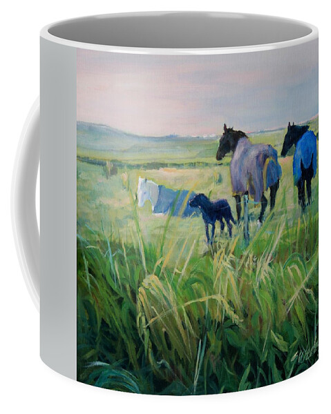 Horses Coffee Mug featuring the painting Scotland Fields by Sheila Wedegis