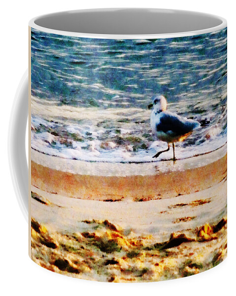 Bird Coffee Mug featuring the photograph Seagull on Virginia Beach at Dawn by Susan Savad