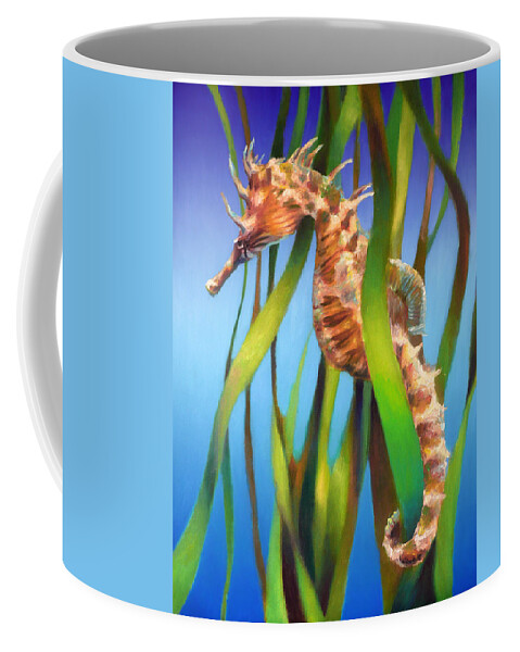 This Is An Oil Painting Portrait Of The Seahorse Among The Reeds On A Smooth Graduated Blue Background. This Painting Is One Of A Set. Inspiration For This Painting Came From Visiting Several City Aquariums. Coffee Mug featuring the painting Seahorse II among the Reeds by Nancy Tilles