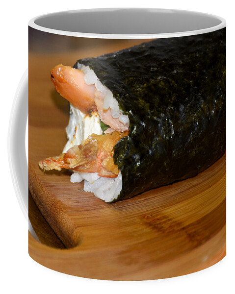 Cutting Board Coffee Mug featuring the photograph Shrimp Sushi Roll On Cutting Board by Carolyn Marshall