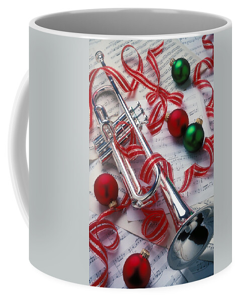 Trumpet Coffee Mug featuring the photograph Silver trumper and Christmas ornaments by Garry Gay