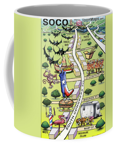 Soco Coffee Mug featuring the painting SOCO South Congress Ave ATX Cartoon Map by Kevin Middleton