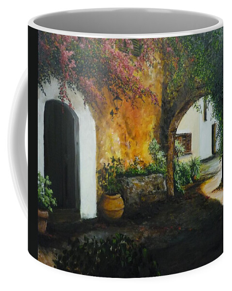 Archway Coffee Mug featuring the painting Spanish Patio by Lizzy Forrester