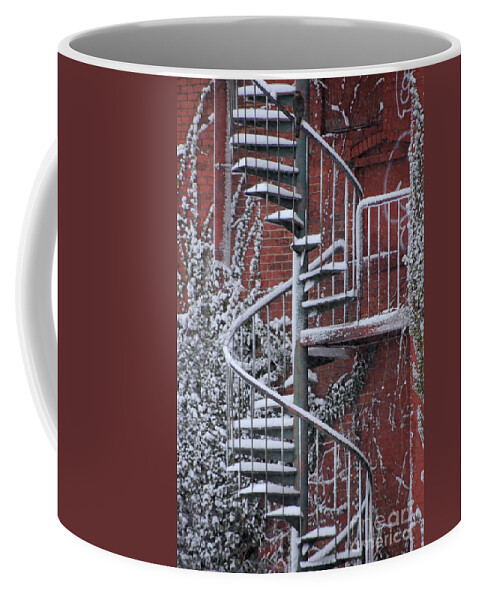 Staircase Coffee Mug featuring the photograph Spiral Staircase with Snow and Cooper's Hawk by Ronald Grogan