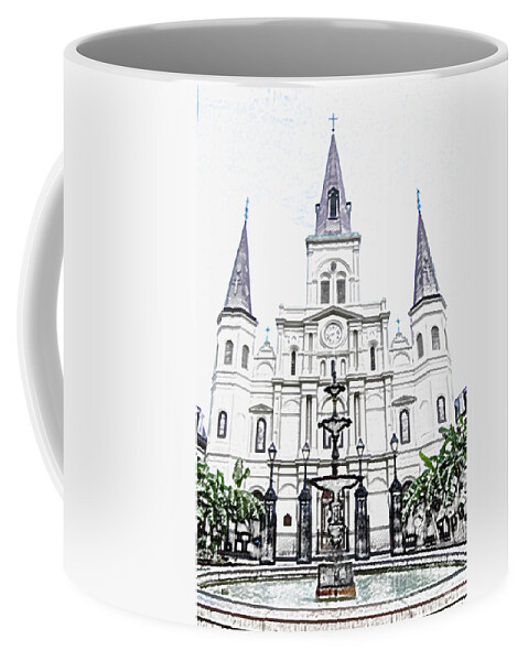 Travelpixpro New Orleans Coffee Mug featuring the digital art St Louis Cathedral and Fountain Jackson Square French Quarter New Orleans Colored Pencil Digital Art by Shawn O'Brien