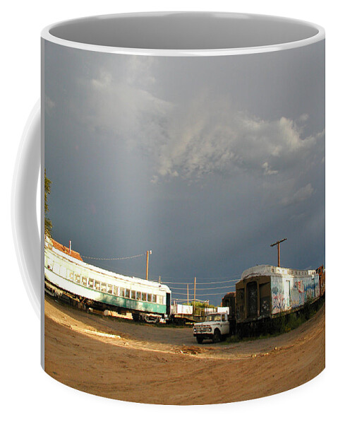 Train Coffee Mug featuring the photograph Storm Sky over the Old Railyard by Kathleen Grace
