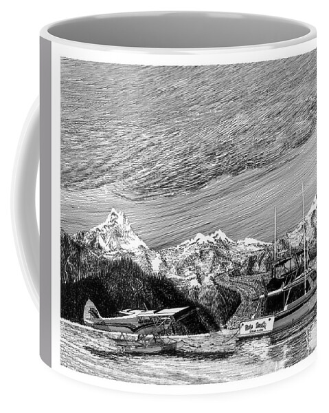 Yacht Portraits Coffee Mug featuring the drawing Super Cub on floats by Jack Pumphrey