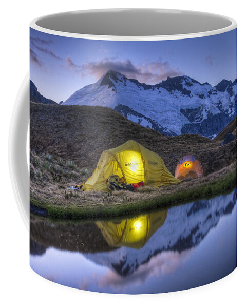 00441032 Coffee Mug featuring the photograph Tents Lit By Flashlight On Cascade by Colin Monteath