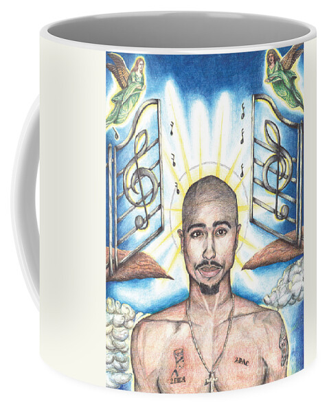 Tupac Coffee Mug featuring the drawing Tupac in Heaven by Debbie DeWitt