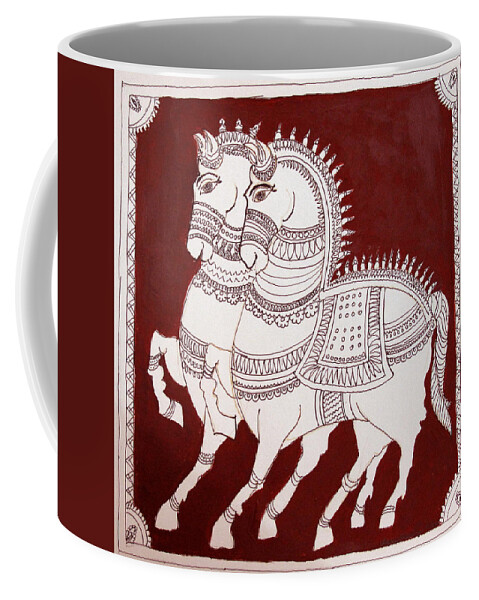 Horses Kalamkari Style Coffee Mug featuring the painting Two horses by Asha Sudhaker Shenoy