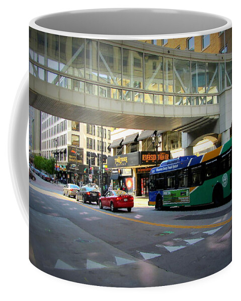 Milwaukee Coffee Mug featuring the photograph Under the Skywalk - Bus by Anita Burgermeister