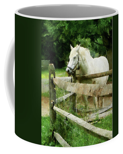 Horse Coffee Mug featuring the photograph White Horse in Paddock by Susan Savad