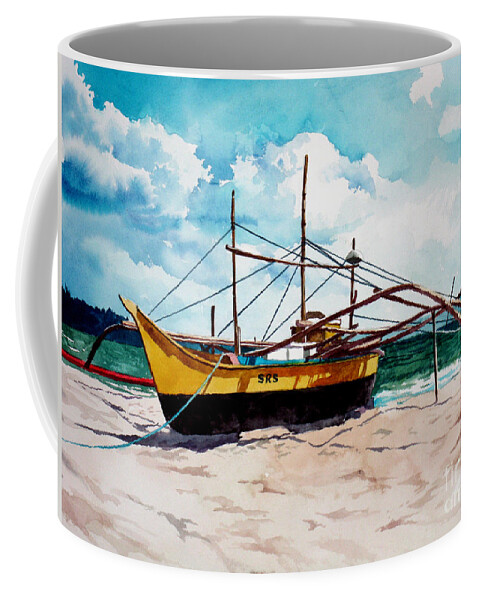 Boat Coffee Mug featuring the painting Yellow Boat Docking on the Shore by Christopher Shellhammer
