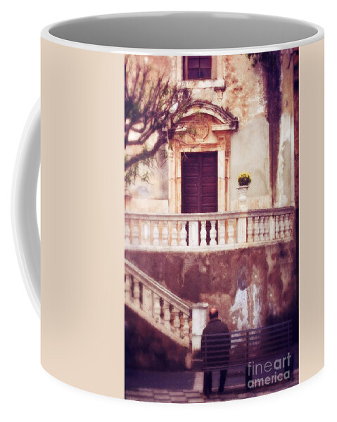 People Coffee Mug featuring the photograph Yellow flowers in a vase in Taormina Sicily by Silvia Ganora