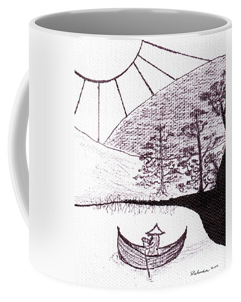 Abstract Coffee Mug featuring the painting Zen Sumi Asian Lake Fisherman Black Ink on White Canvas by Ricardos Creations