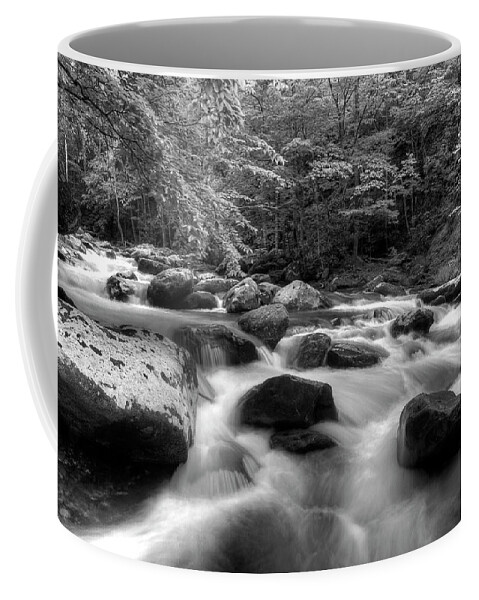 Monochrome River Scene Coffee Mug featuring the photograph A Black And White River by Mike Eingle