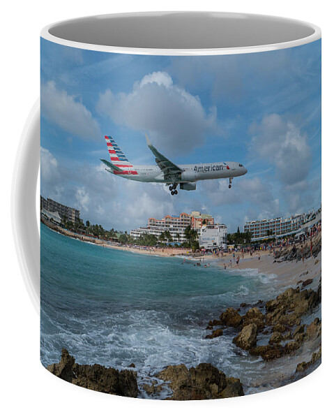 American Airlines Coffee Mug featuring the photograph American Airlines landing at St. Maarten #1 by David Gleeson