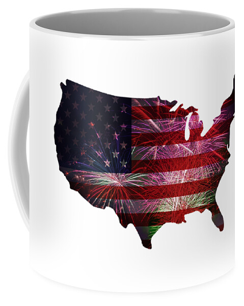 Usa; Outline; Silhouette; Flag; United States; Country; Federal; North America; Stars; Stripes; Red; White; Blue; 4th; July; Independence; Day; Happy; Fireworks; Display; Celebration; Patriotic; Government; Burst; Background; Illustration; Drawing; Souvenir; Poster Coffee Mug featuring the photograph American Flag with Fireworks Display #1 by David Gn