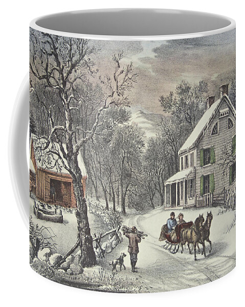 American Homestead Coffee Mug featuring the painting American Homestead  Winter by Currier and Ives