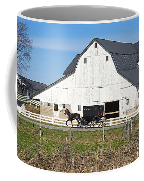 Amish Coffee Mug featuring the photograph Amish Buggy and White Barn #1 by David Arment
