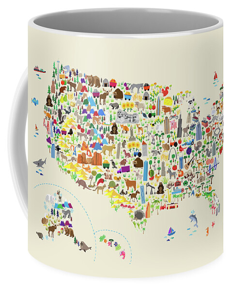 Usa Map Coffee Mug featuring the digital art Animal Map of United States for children and kids by Michael Tompsett