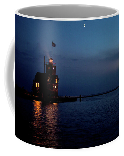 Michigan Coffee Mug featuring the photograph Big Red Lighthouse Holland Michigan With Freighter #2 by Ken Figurski