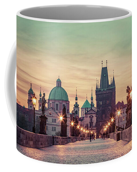 Prague Coffee Mug featuring the photograph Charles Bridge at sunrise, Prague, Czech Republic. Dramatic statues and medieval towers. #1 by Michal Bednarek