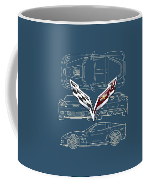 �wheels Of Fortune� By Serge Averbukh Coffee Mug featuring the photograph Chevrolet Corvette 3 D Badge over Corvette C 6 Z R 1 Blueprint by Serge Averbukh