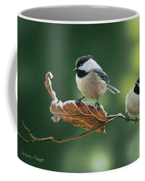 Chickadee Wildlife Songbird Bird Coffee Mug featuring the painting Chickadees #1 by Anthony J Padgett