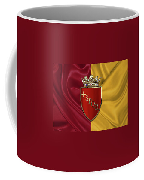 Rome Has The Status Of A Global City. Monuments And Museums Such As The Vatican Museums And The Colosseum Are Among The World's Most Visited Tourist Destinations With Both Locations Receiving Millions Of Tourists A Year. Rome Hosted The 1960 Summer Olympics And Is The Seat Of United Nations' Food And Agriculture Organization (fao). Coffee Mug featuring the photograph Coat of arms of Rome over flag of Rome #1 by Serge Averbukh