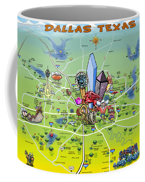 Dallas Coffee Mug featuring the painting Dallas Texas Cartoon Map #1 by Kevin Middleton