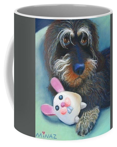 Dog Coffee Mug featuring the painting Don't Touch My Squeeze #1 by Minaz Jantz