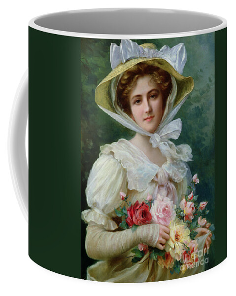 Elegant Lady With A Bouquet Of Roses Coffee Mug featuring the painting Elegant lady with a bouquet of roses by Emile Vernon