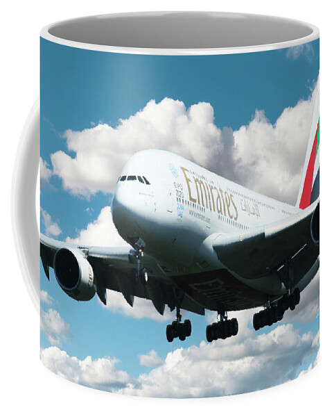 Airbus A380 Coffee Mug featuring the digital art Emirates A380 by Airpower Art