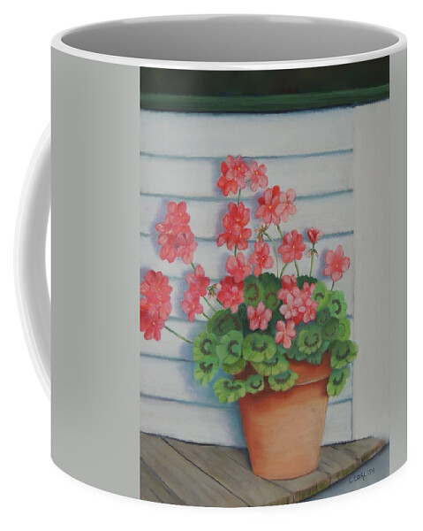 Front Coffee Mug featuring the pastel Front Porch Geraniums by Carol Corliss