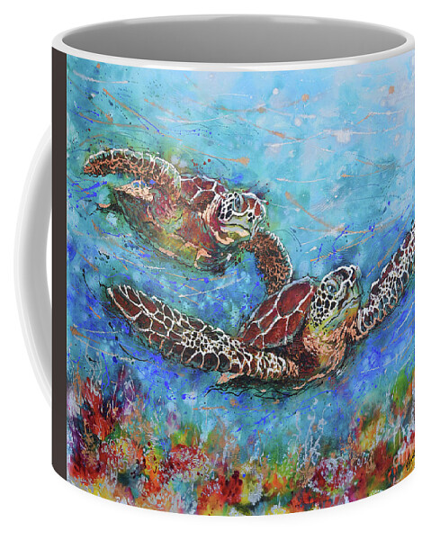 Marine Turtles Coffee Mug featuring the painting Gliding Turtles by Jyotika Shroff