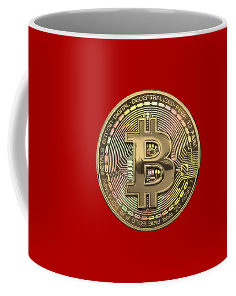 ‘money’ Collection By Serge Averbukh Coffee Mug featuring the photograph Gold Bitcoin Effigy over Red Canvas #1 by Serge Averbukh