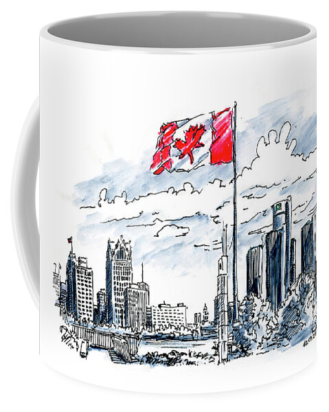 Canada Coffee Mug featuring the drawing Great Canadian Flag Windsor Detroit Skyline Fountain Pen Ink Dra by Frank Ramspott