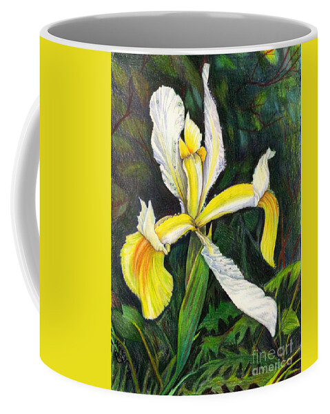 Yellow Iris Coffee Mug featuring the drawing I Rise To Thee by Nancy Cupp