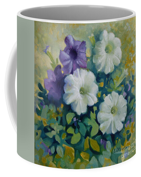 Petunias Coffee Mug featuring the painting In harmony #1 by Elena Oleniuc