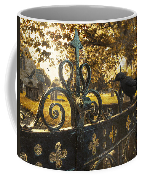 Cemetery Coffee Mug featuring the photograph Jackdaw On Church Gates #1 by Amanda Elwell