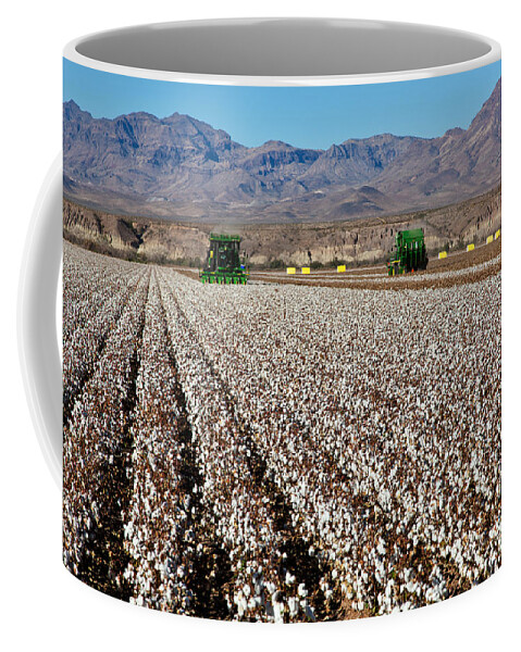 Cotton Picker Coffee Mug featuring the photograph John Deere Cotton Pickers Harvesting #1 by Inga Spence