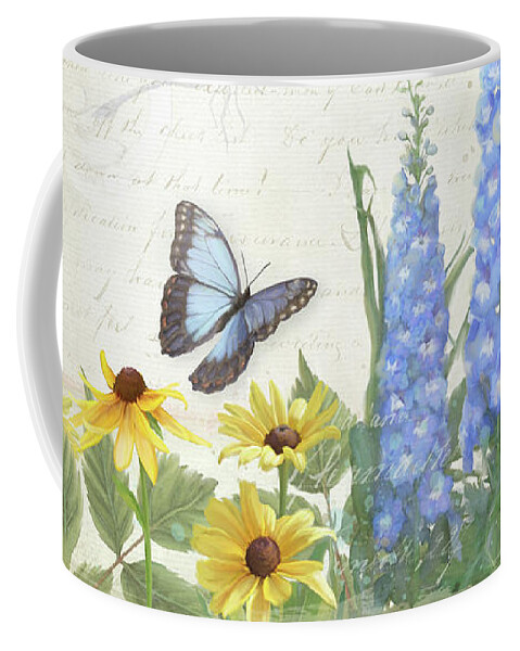 E Petit Jardin Coffee Mug featuring the painting Le Petit Jardin 1 - Garden Floral w Butterflies, Dragonflies, Daisies and Delphinium by Audrey Jeanne Roberts