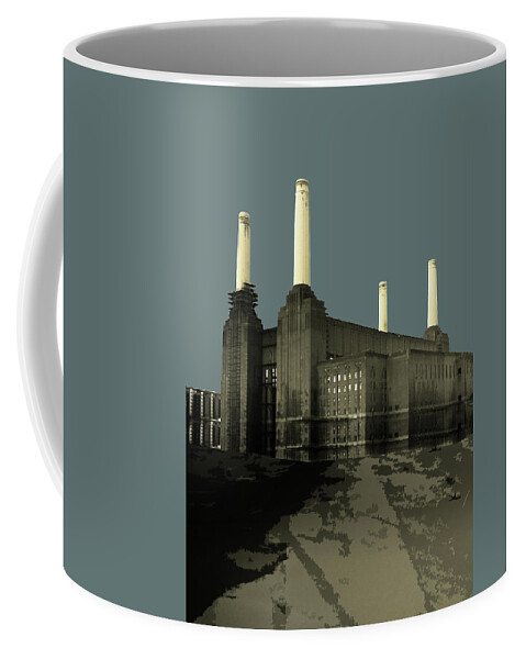 Wheel Coffee Mug featuring the painting London - Battersea Power Station - Soft Blue Greys by Big Fat Arts