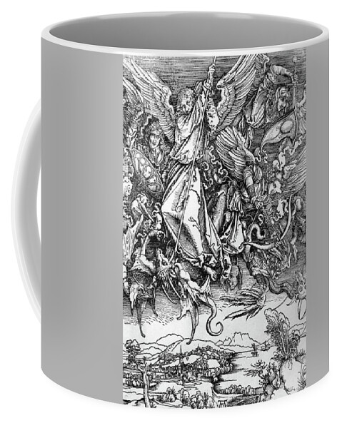 Albrecht Durer Coffee Mug featuring the drawing Michael Defeats Satan #1 by Troy Caperton