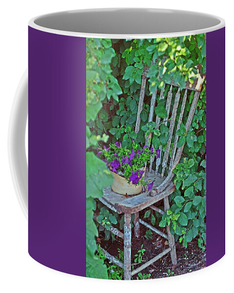 Rustic Coffee Mug featuring the photograph Old Chair New Petunias by Amanda Smith